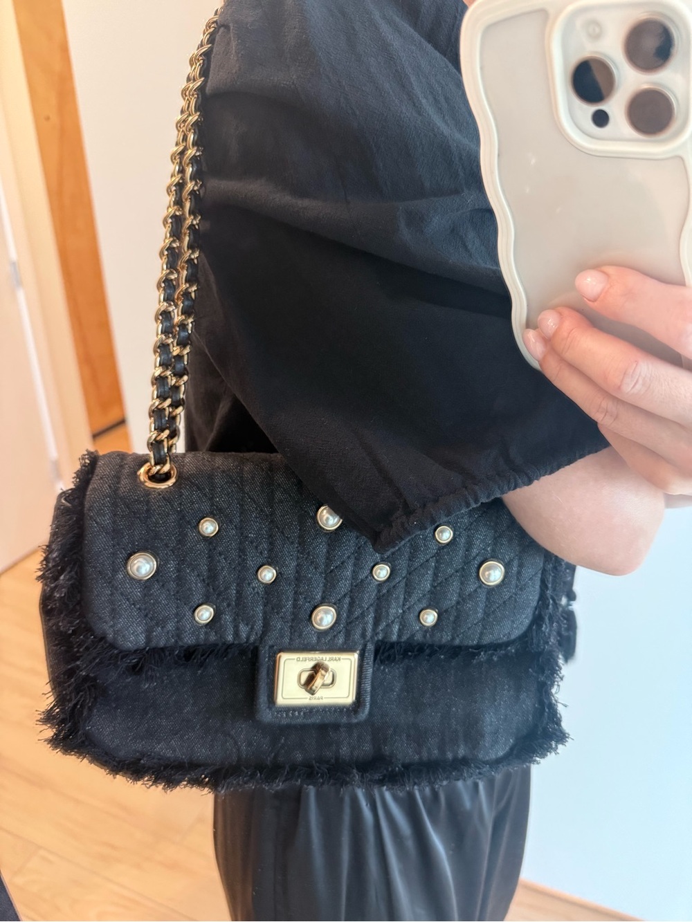 Karl Lagerfeld Black Quilted Pearl-Accent Chain Shoulder Bag